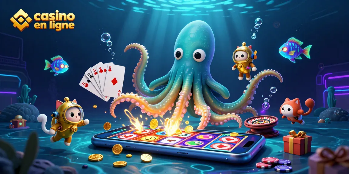 Vivez l'excitation du casino en ligne avec un kraken, un chat plongeur, et des éléments de jeu vibrants.