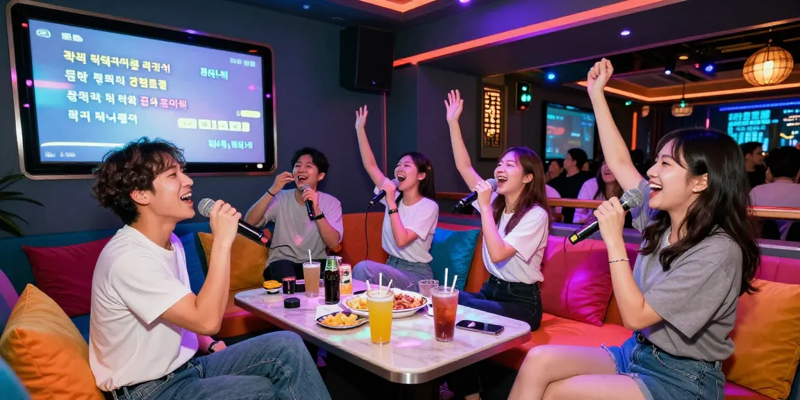 Friends enjoying 강남가라오케 at a lively venue with vibrant lights and karaoke.
