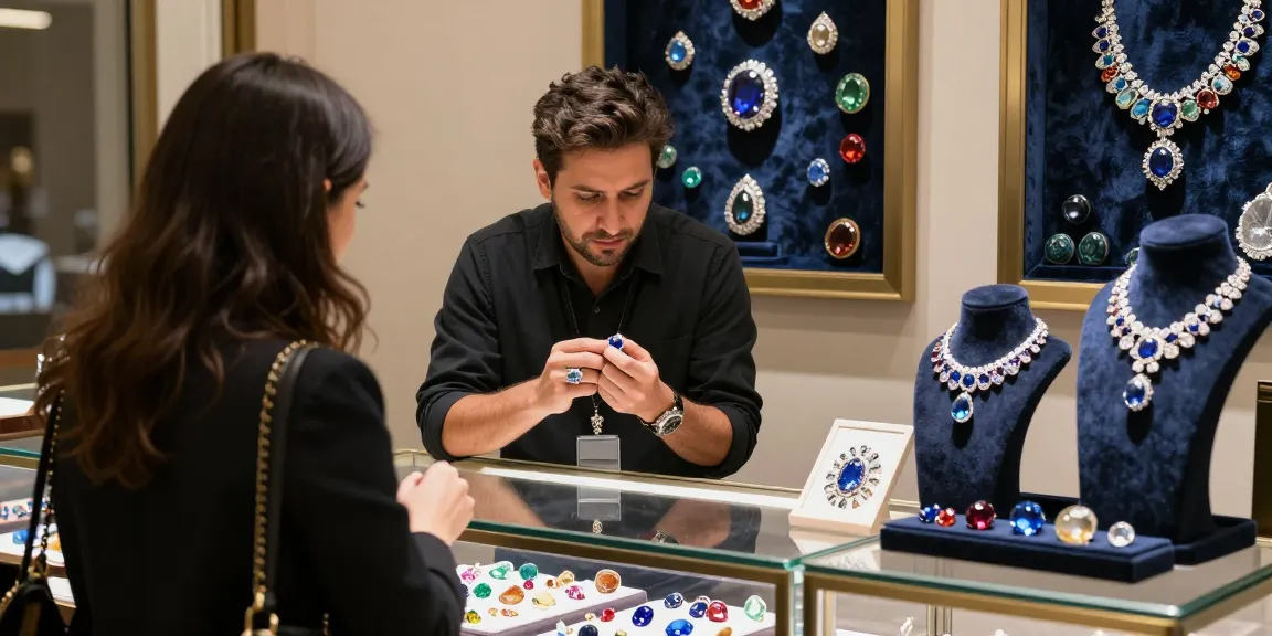 Shopping experience at https://www.mygemspot.com with diverse gemstones in an elegant marketplace setting.