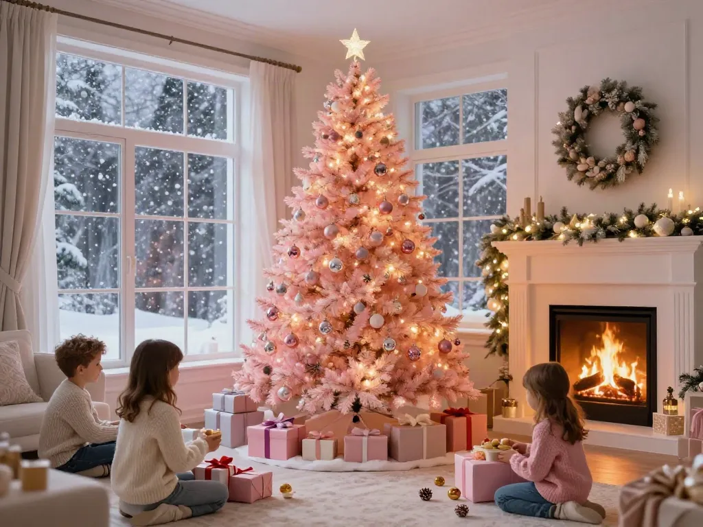Family enjoying the festive atmosphere around a pink pre-lit Christmas tree.