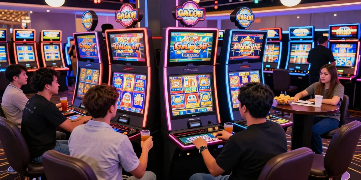 Players enjoying slot gacor games in a lively casino with vibrant atmosphere and engaging decor.