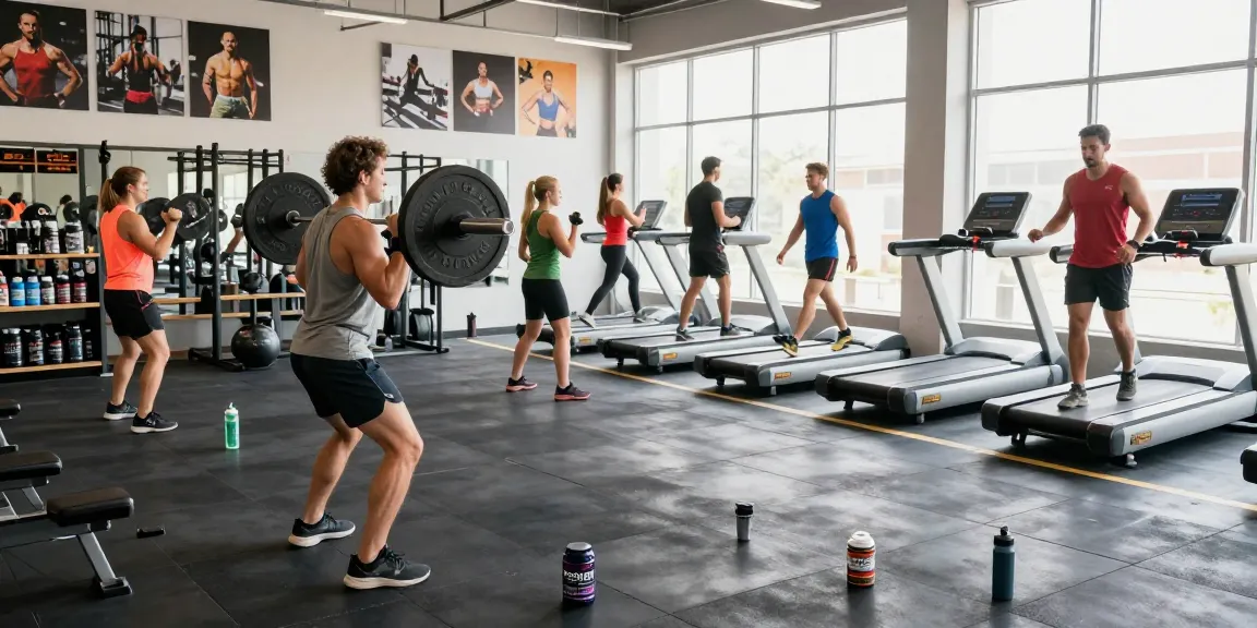 Driada Shop performance supplements showcased in an active gym environment, with athletes engaged in workouts.