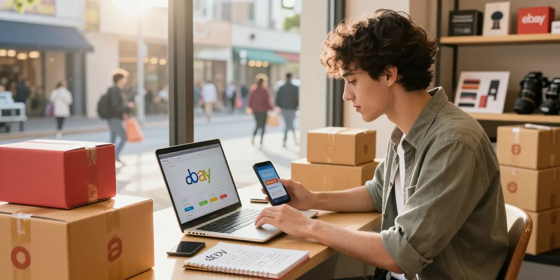 E-commerce entrepreneur managing ebay accounts for sale in a trendy urban setting, surrounded by vibrant shopping displays and delivery boxes.