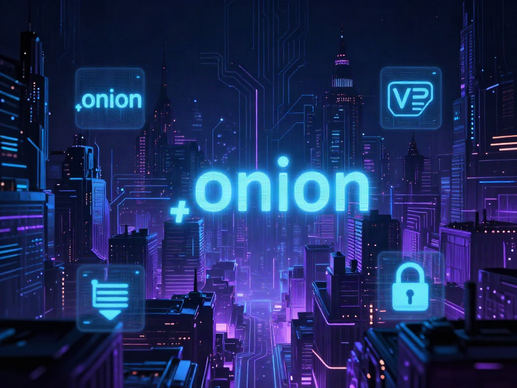 An abstract depiction of the hidden wiki with glowing dark web links in a mysterious cyber landscape.
