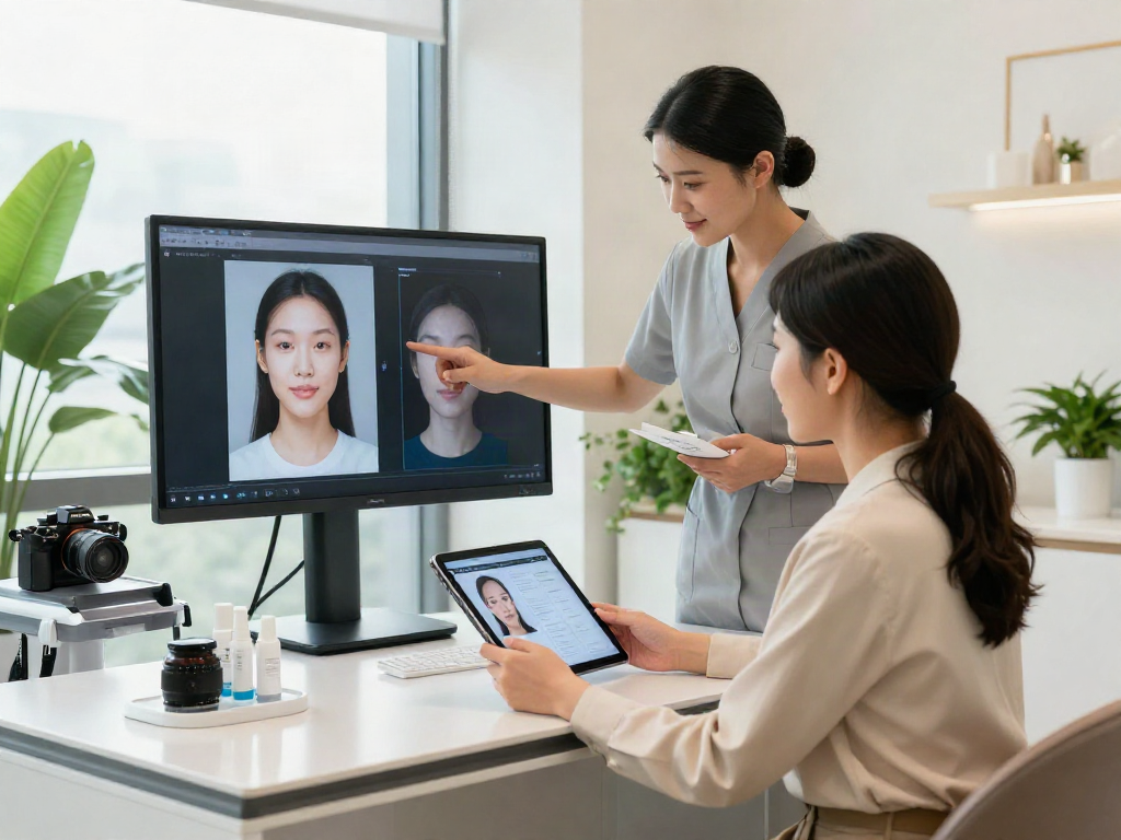ClinicEvo cheaper than QOVES - Expert consultation scene in a modern aesthetic clinic showing personalized facial analysis