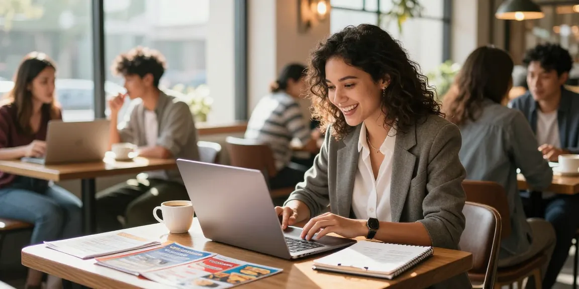 Engaging hospitality job search scene with a professional enthusiastically reviewing listings in a café.
