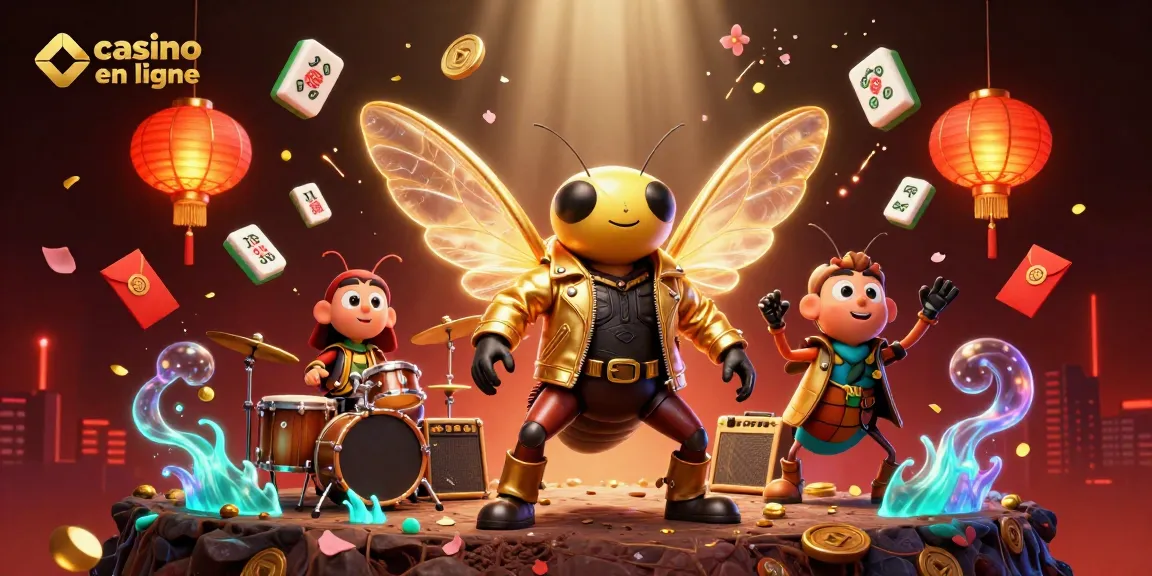 Illustration d'un cicada rock star avec des éléments de casino en ligne, jouant de la musique