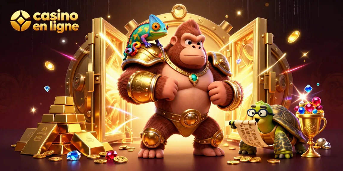 Découvrez l'univers captivant du casino en ligne avec un gorille roi en armure d'or, entouré de richesses étincelantes.