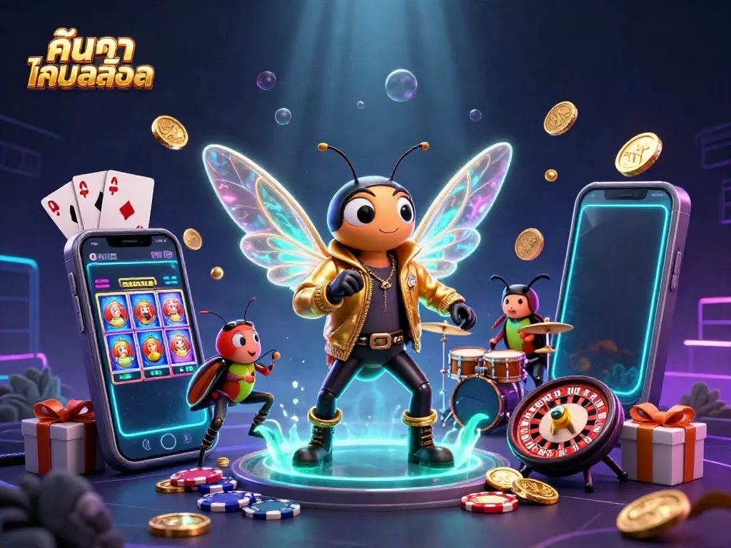 Experience thrilling fun with ค้นหาเกมสล็อต via vibrant 3D casino illustration full of games and prizes.