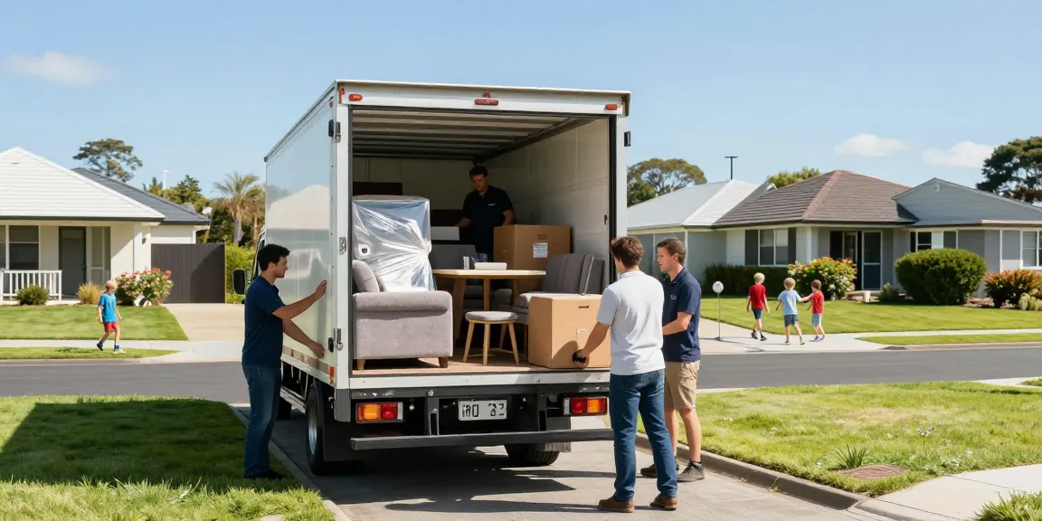 House movers Tauranga unloading furniture and boxes from a moving truck in a friendly suburban neighborhood.