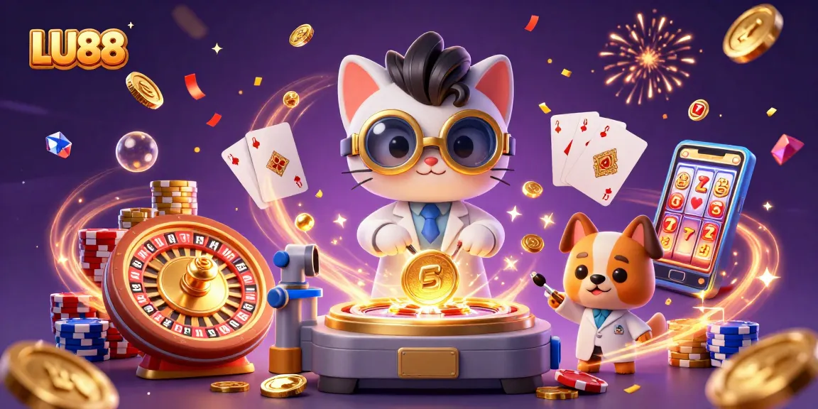 Experience thrilling gaming action at LU88 with vibrant, golden casino elements and characters.