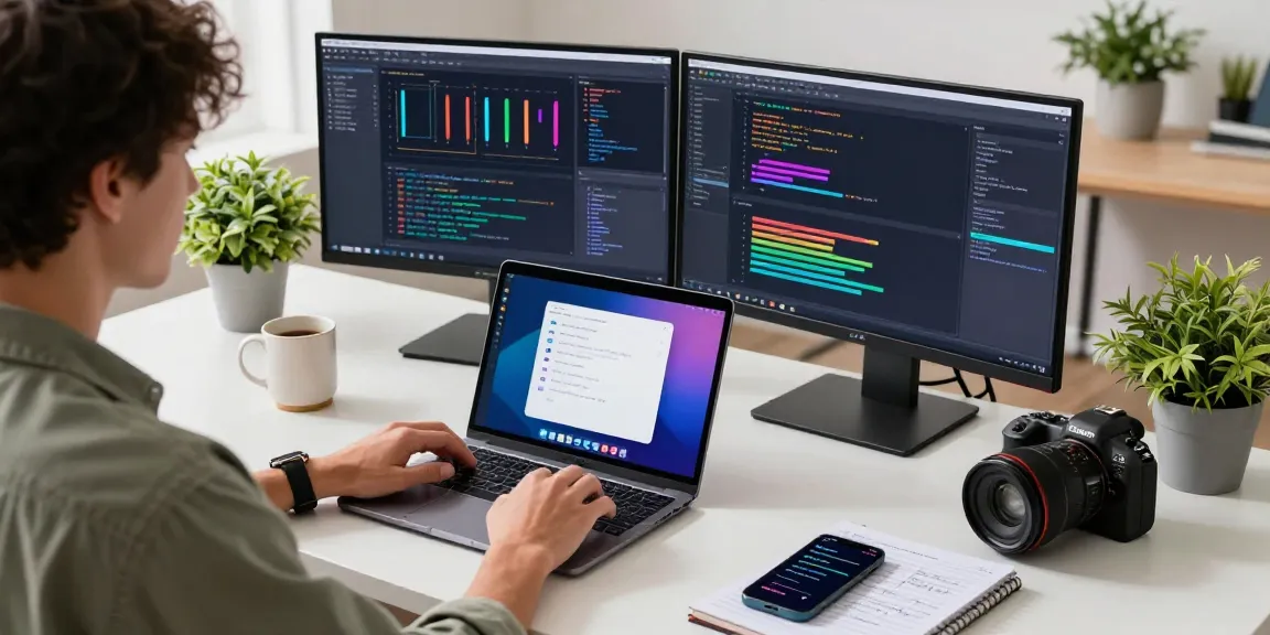 Dynamic workspace featuring an individual using the 纸飞机中文版 app on a laptop, surrounded by tech gadgets in a bright modern office.