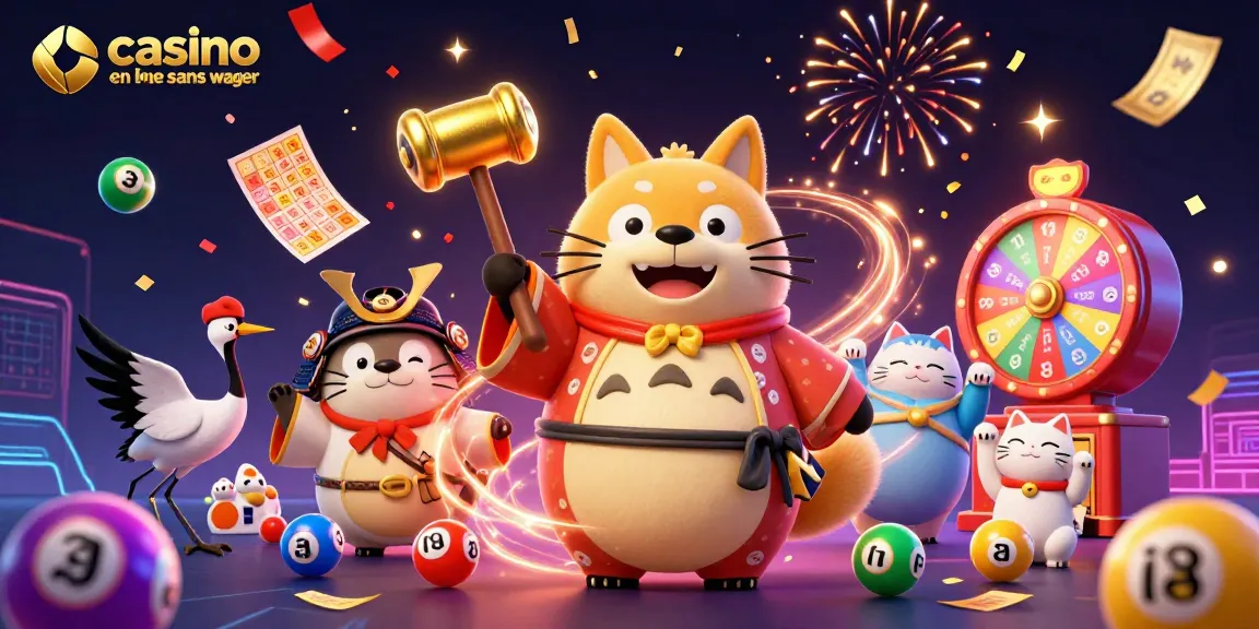 Les maneki-neko, le tanuki et le héron célèbrent avec des éléments de casino en ligne sans wager.