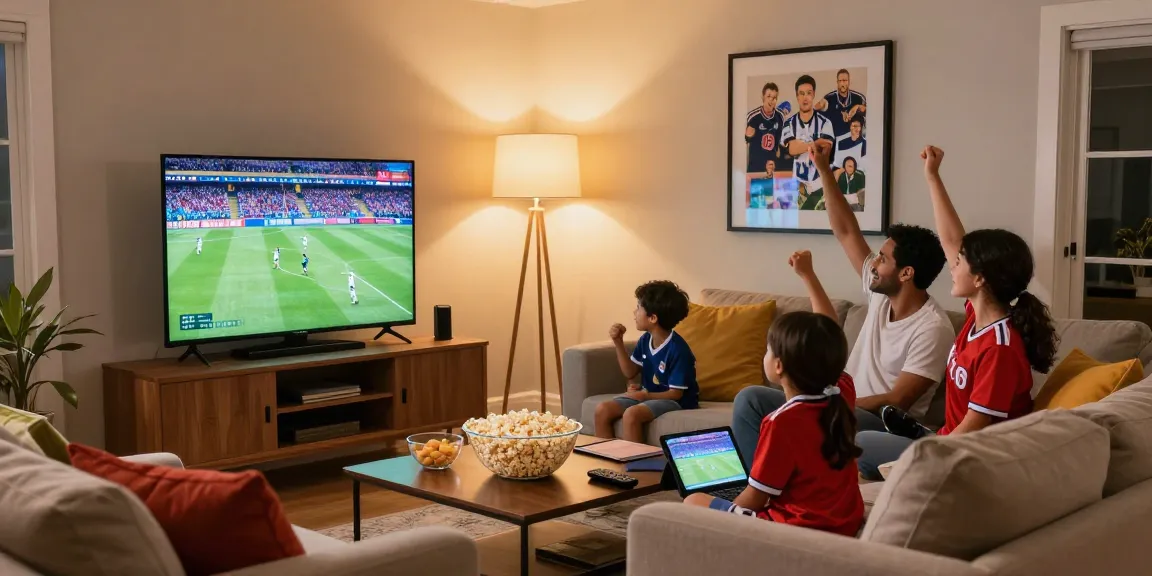 Enjoying IPTV streaming family sports channels in a cozy living room.