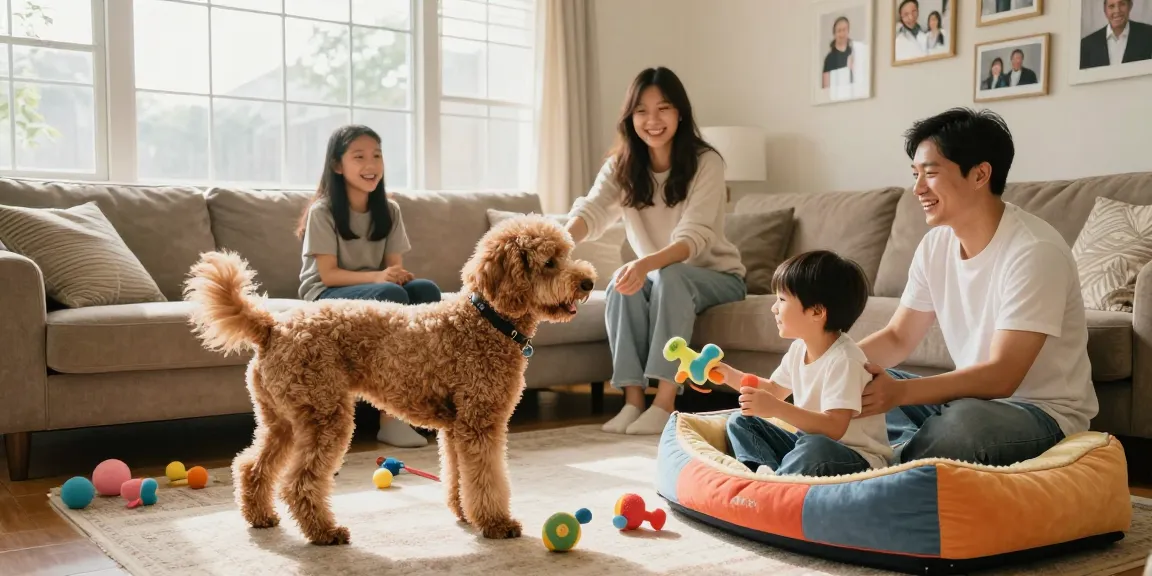 St. Berdoodle breed guide featuring a playful family and their affectionate Saint Berdoodle in a cozy living room setting.