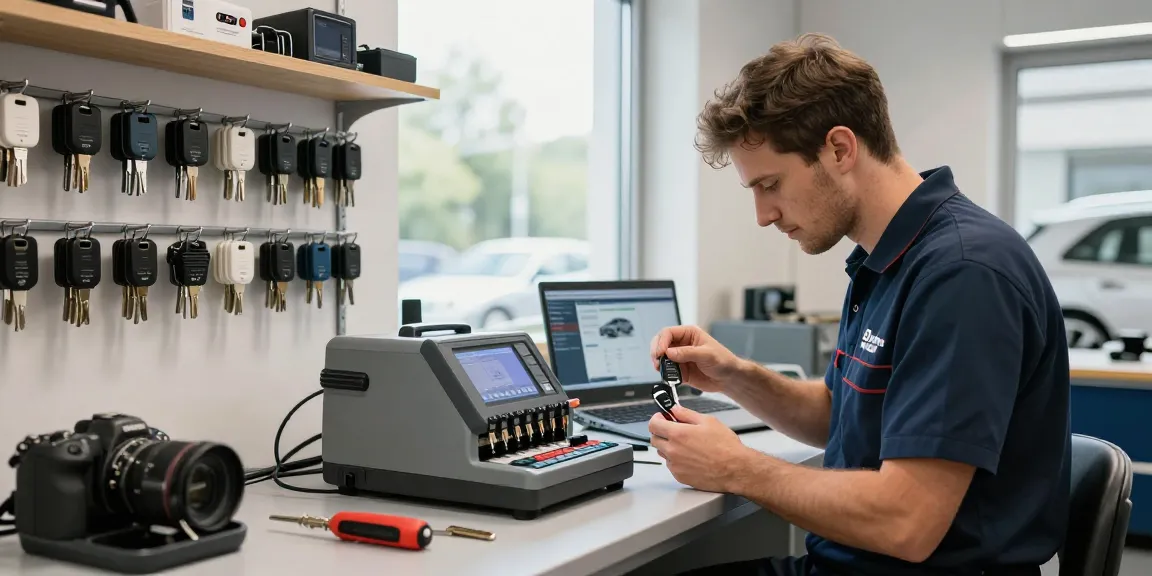 Automotive locksmith performing autosleutel bijmaken in a bright workshop with diagnostic tools and organized keys.