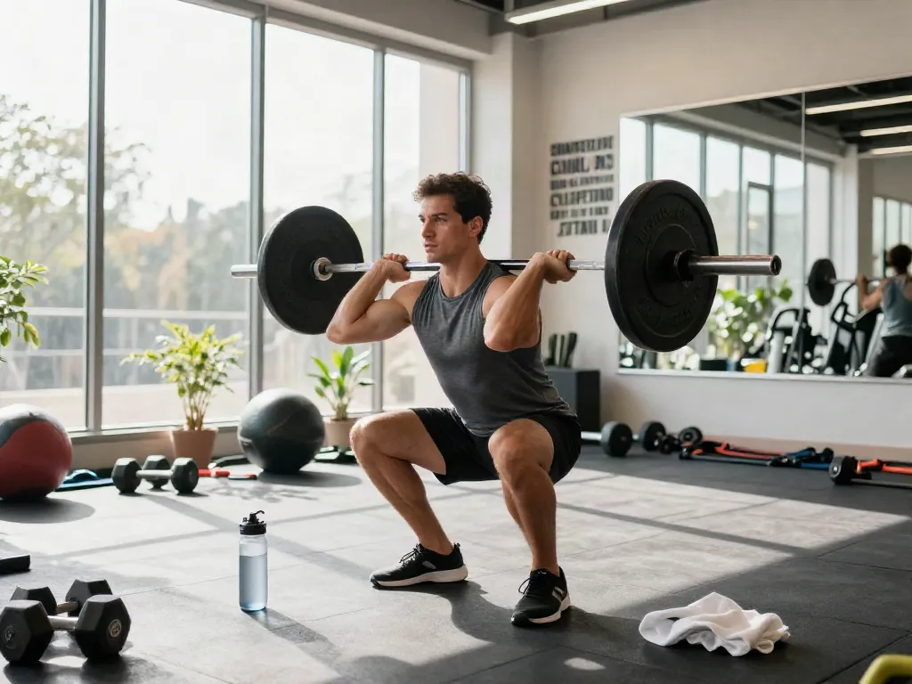 An athletic man performing barbell squats in a bright gym, emphasizing quality training with steroidi anabolizzanti for optimal results.