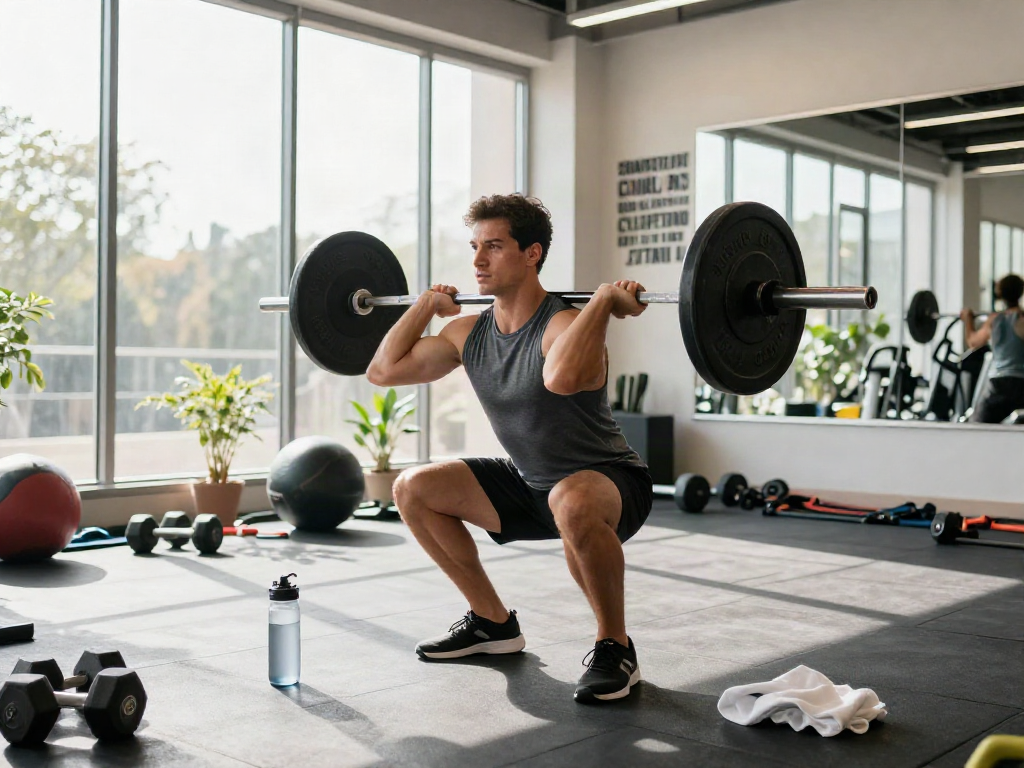 An athletic man performing barbell squats in a bright gym, emphasizing quality training with steroidi anabolizzanti for optimal results.