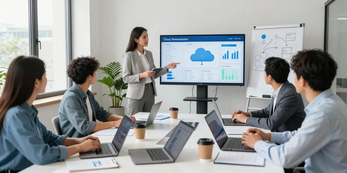 Cloud telephony solutions discussion in a modern office with diverse team members collaborating effectively.