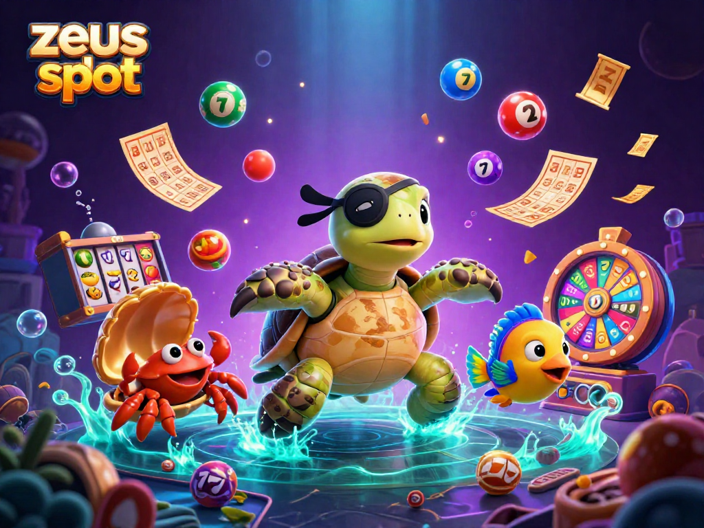 Play the zeus slot game among dynamic casino elements like vibrant reels, lucky 7s, and colorful balls.