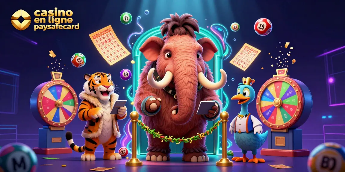 Jouer dans un casino en ligne paysafecard avec des personnages animés et des jeux colorés entourés de ballons de loterie.