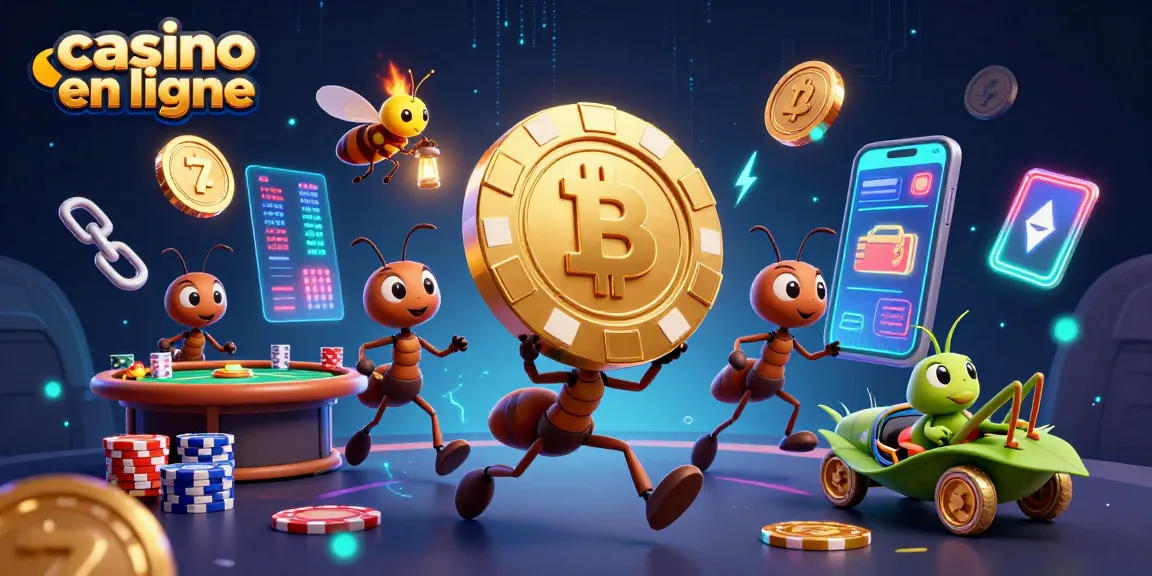 Les fourmis volent un jeton de poker géant au sein d'une scène dynamique du casino en ligne.