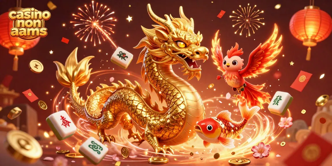 Vivi azioni emozionanti nei casinò non aams con un drago dorato, una fenice e un pesce koi in mezzo a decorazioni festive.