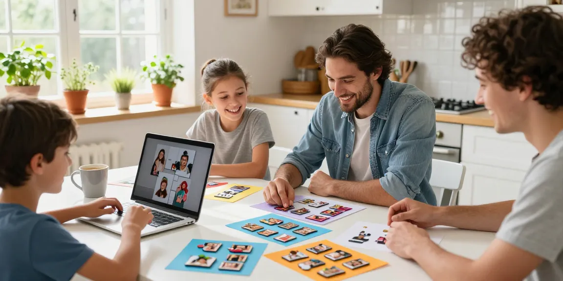 Family creating personalized photo magnets, celebrating memories with vibrant designs in a sunny kitchen.
