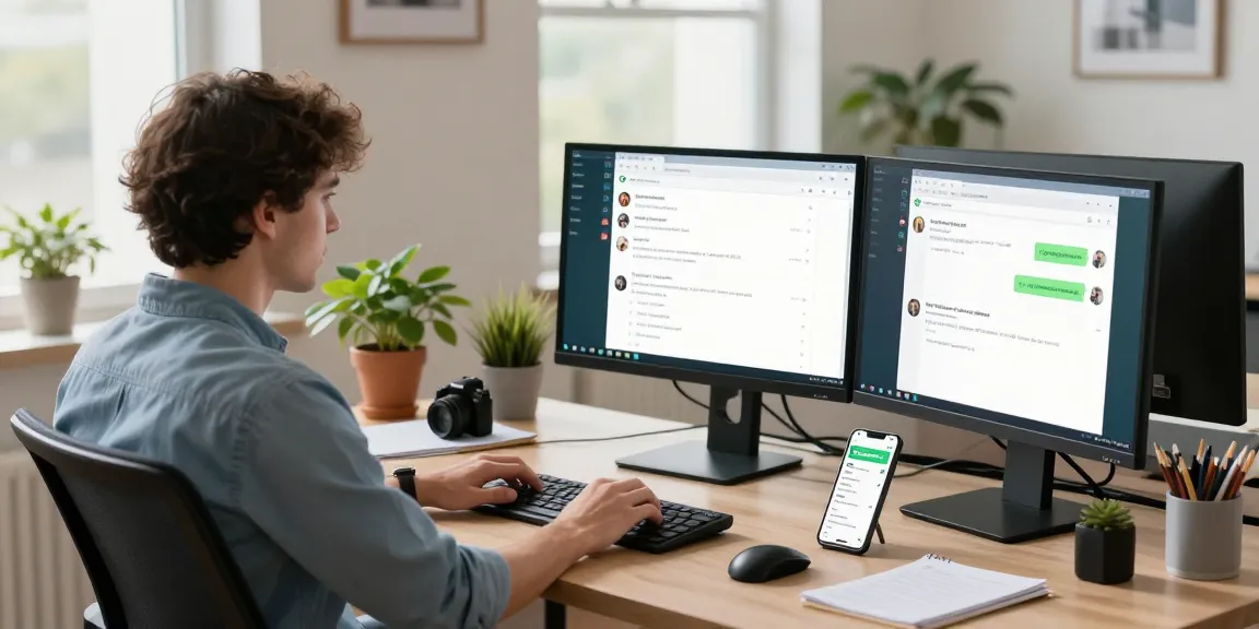 Using WhatsApp網頁版 on a sleek desktop in a bright home office.