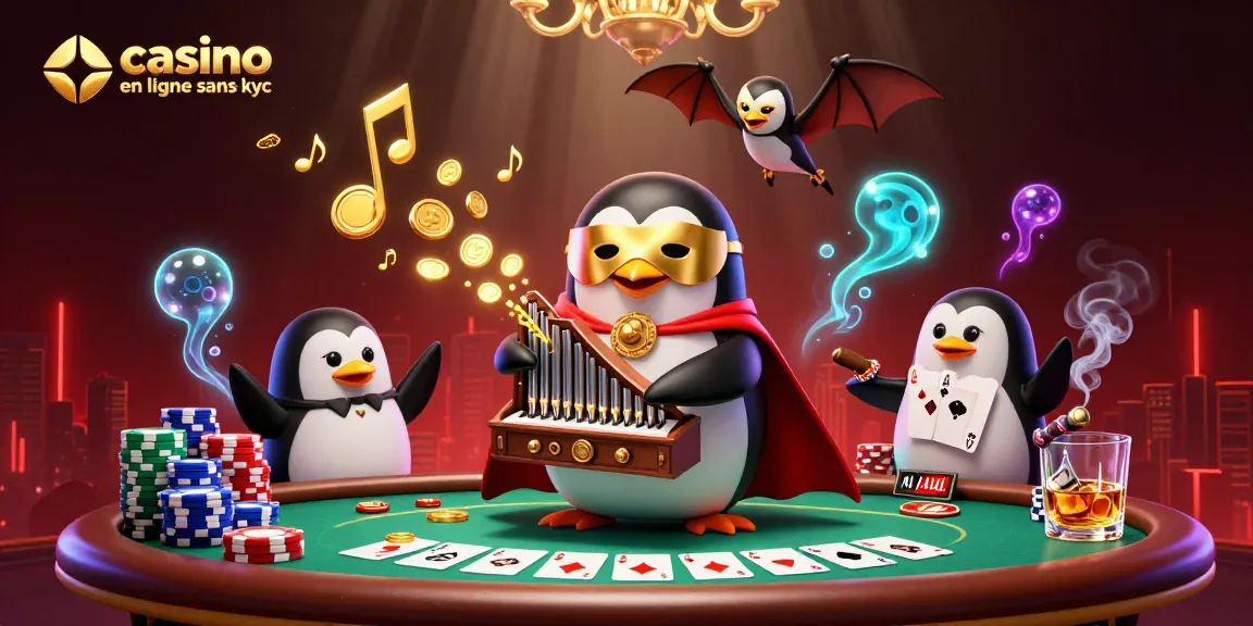 Des jeux captivants au casino en ligne sans KYC, illustrés par un pingouin fantôme opératique jouant.