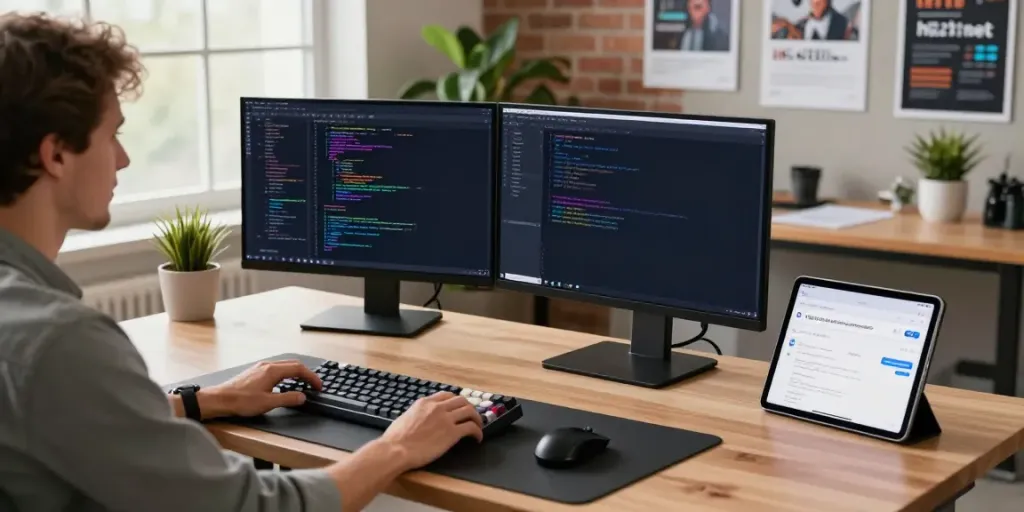 Software development workspace featuring h5.2113.net on monitors and a modern setup.