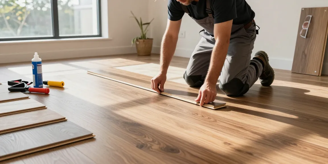 Flooring software used by a professional installer laying luxury vinyl planks in a modern home workspace.