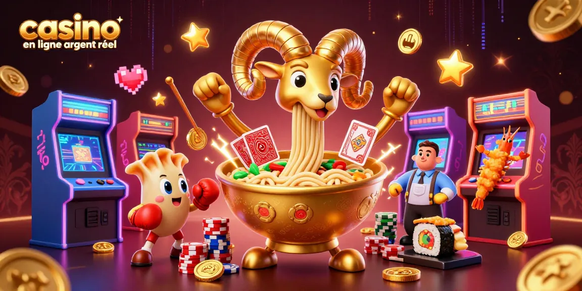 Plongez dans l'excitation du casino en ligne argent réel avec un bol de ramen géant et des personnages stylés.