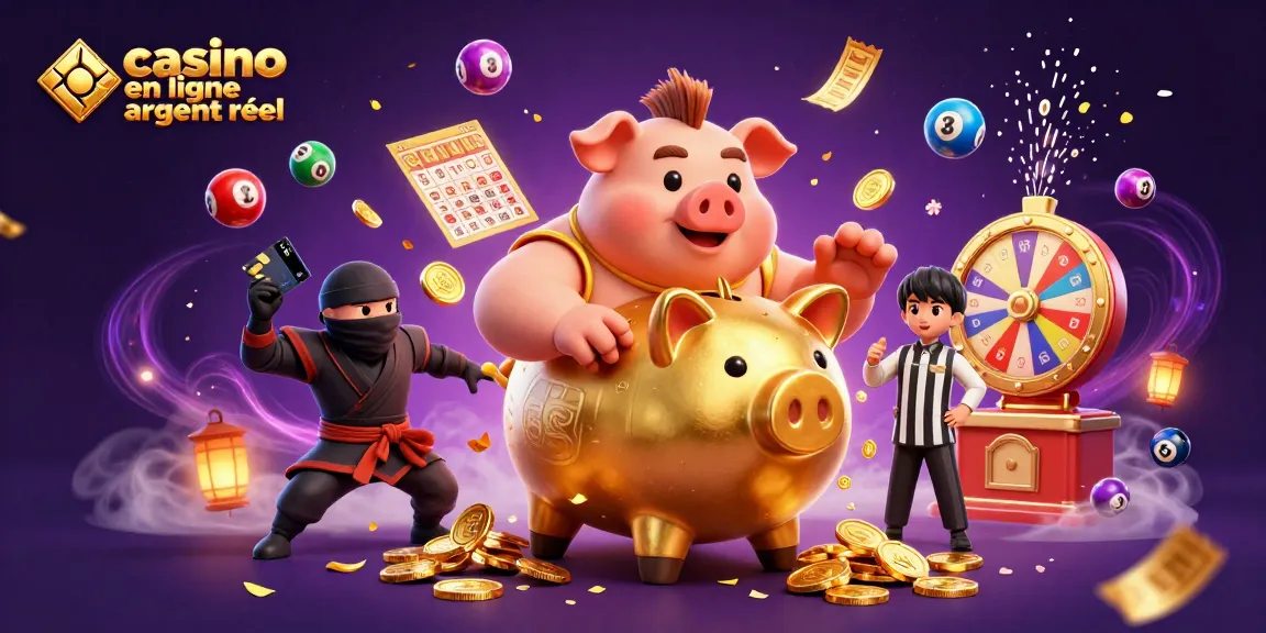 Jouer au casino en ligne argent réel avec un sumo en forme de tirelire dans une scène animée.