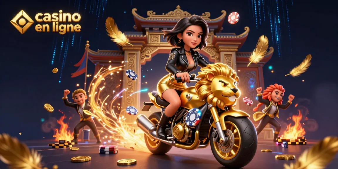 Vivez une excitation palpitante de casino en ligne avec une femme asiatique glamour chevauchant un lion doré.