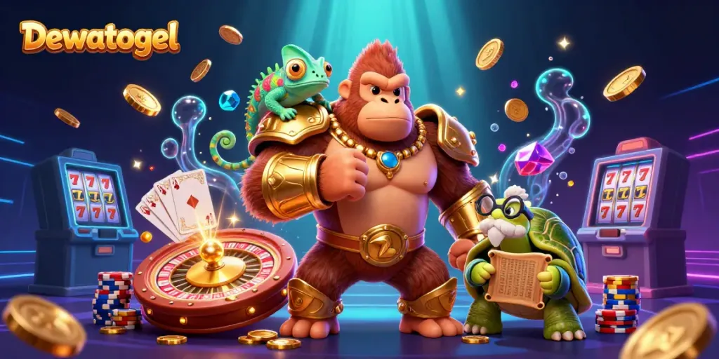 Witness Dewatogel's exciting world with a powerful gorilla, clever chameleon, and wise tortoise amidst dazzling casino elements.