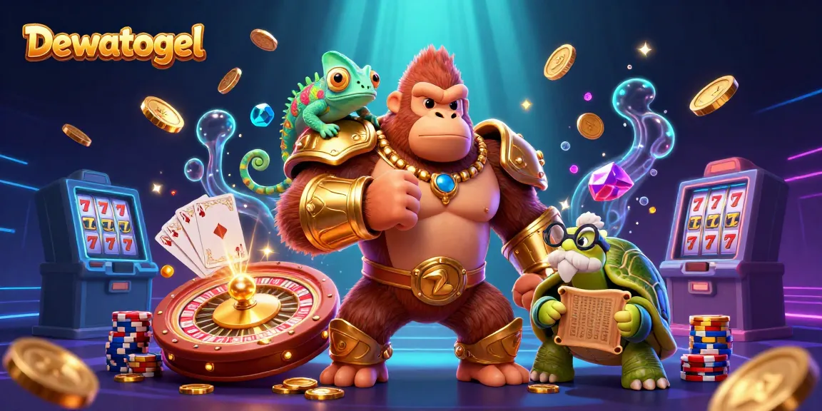 Witness Dewatogel's exciting world with a powerful gorilla, clever chameleon, and wise tortoise amidst dazzling casino elements.