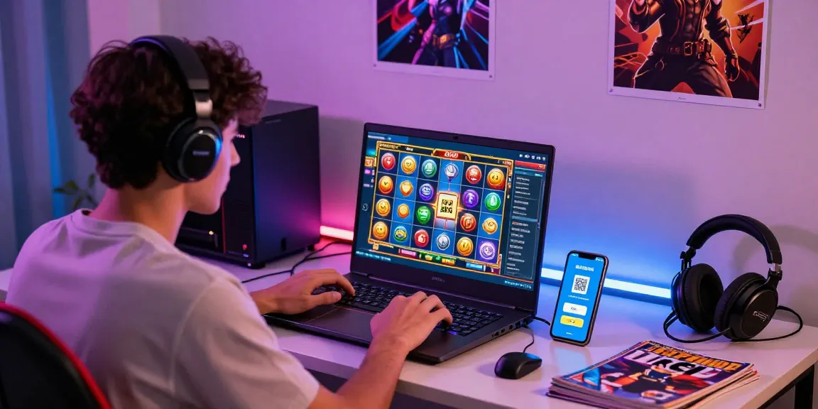 Exciting slot depo 1k gaming setup with colorful lights and enthusiastic player