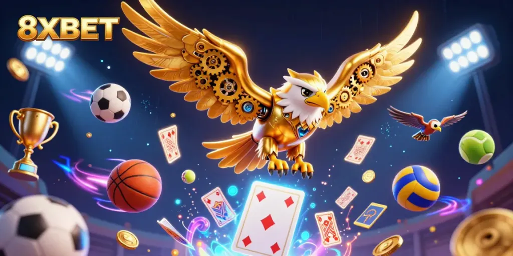 Experience 8XBET with dynamic holographic playing cards and a vibrant golden eagle in action.