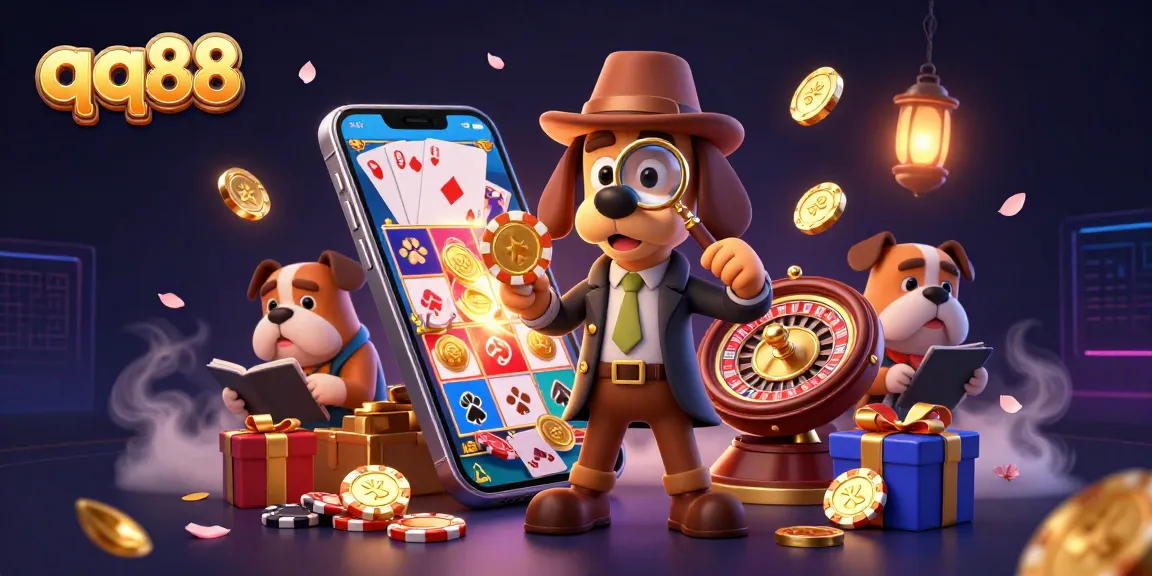Take a chance with qq88 as the cartoon detective discovers hidden treasures among golden poker chips and vibrant casino games.
