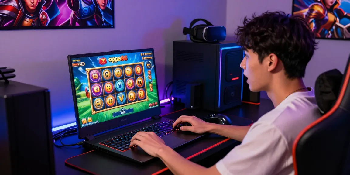 Exciting online gaming atmosphere at oppa86 with player engaged in slot games.