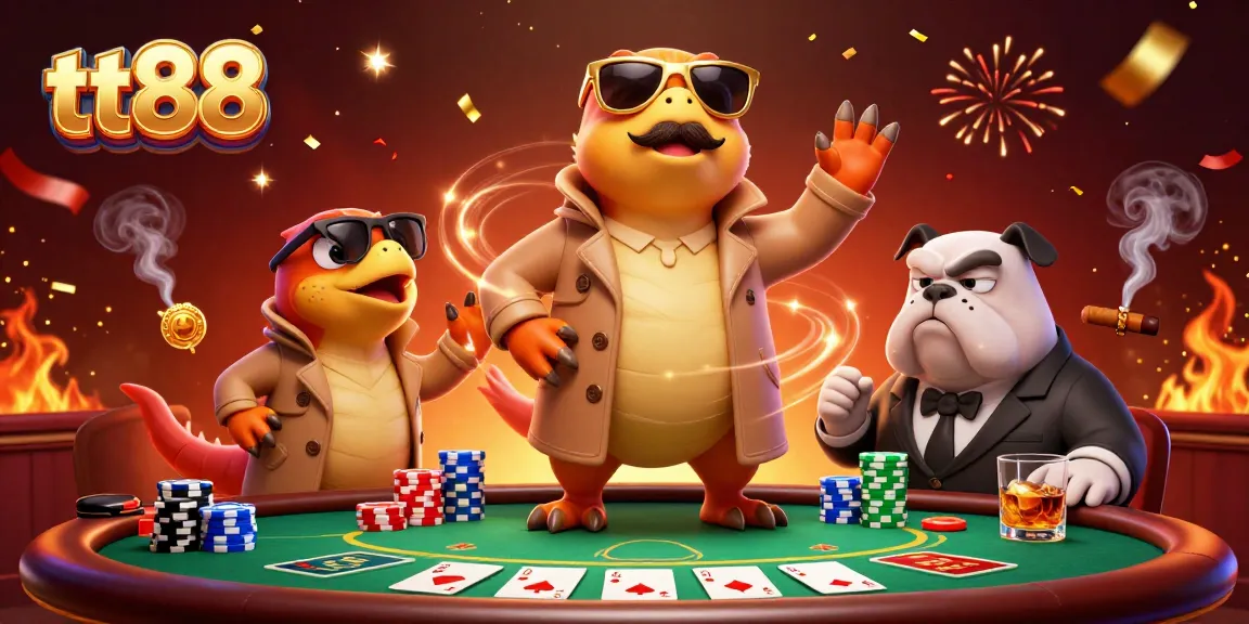 Experience thrilling poker at tt88 with raptors in disguise and a vigilant bouncer in a vibrant casino scene.