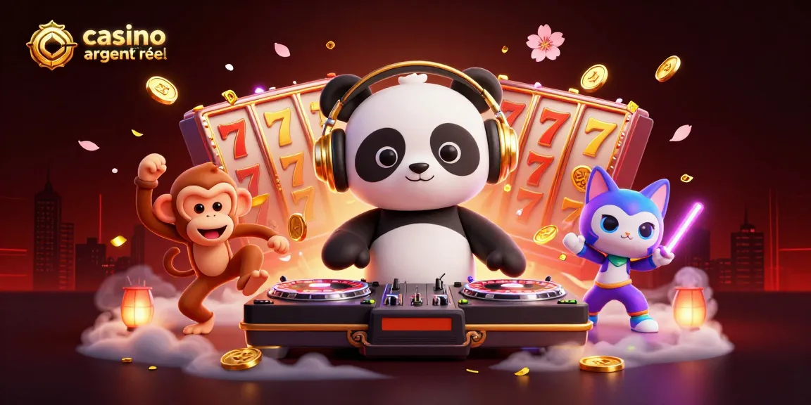 Découvrez une illustration dynamique illustrant un casino en ligne argent réel avec un panda DJ et des éléments de jeux captivants.