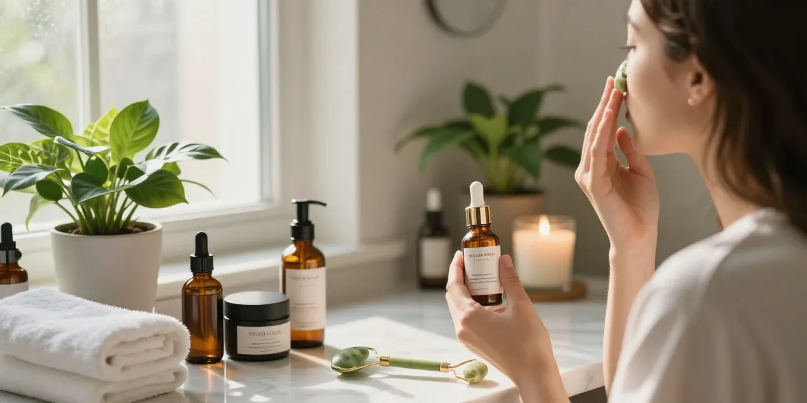 Nourish and Hydrate Serum application in serene bathroom with skincare products reflecting beauty routine.