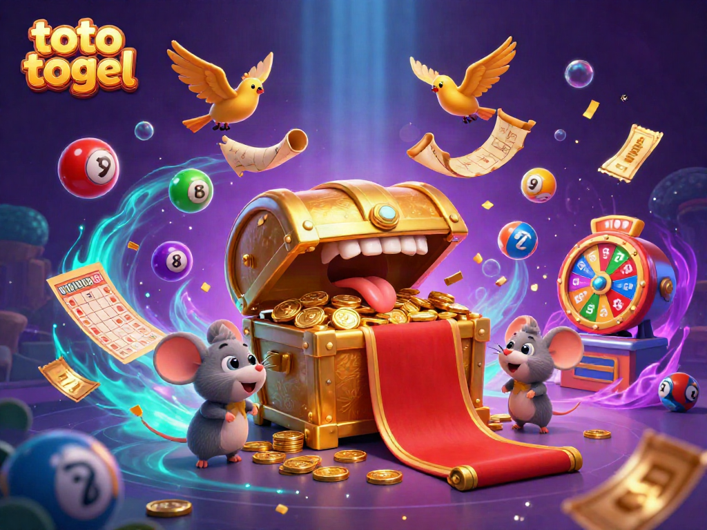 Experience the excitement of toto togel in this vibrant illustration featuring a treasure chest and colorful lottery elements.
