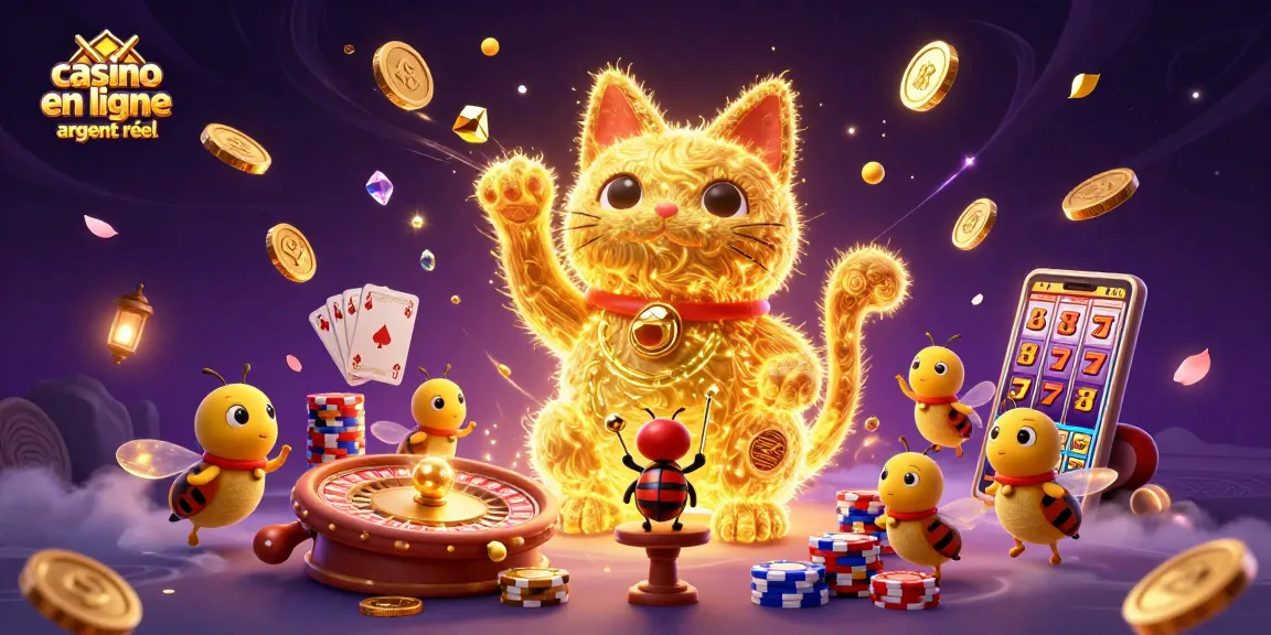 Plongez dans l'univers du casino en ligne argent réel avec un chat porte-bonheur animé par des lucioles.