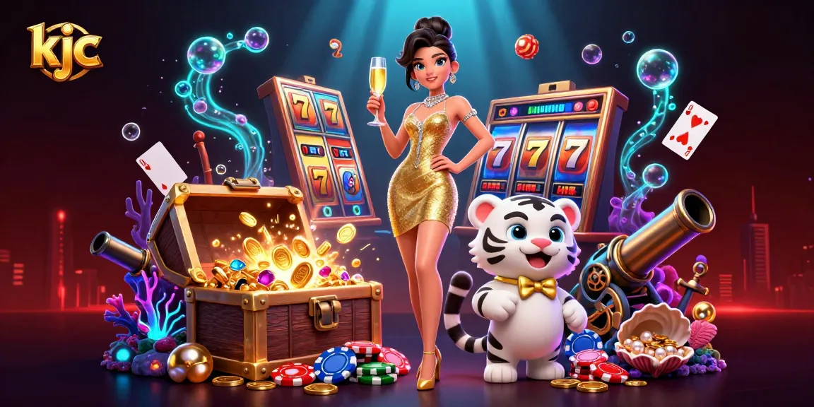 Experience thrilling gameplay with kjc at a vibrant casino scene featuring a glamorous woman and lucky tiger.