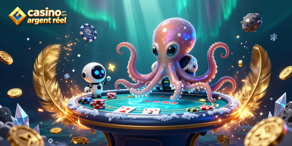 Illustration d'un casino en ligne argent réel avec un octopus alien jouant au poker entouré de jetons