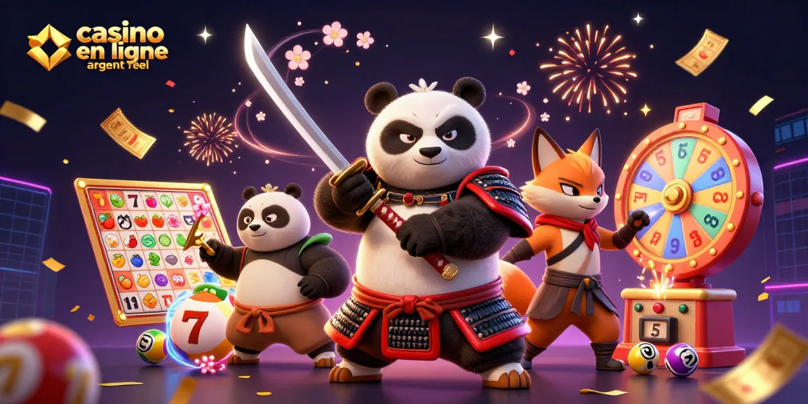 Illustration de casino en ligne argent réel mettant en scène un panda samouraï et un renard ninja.