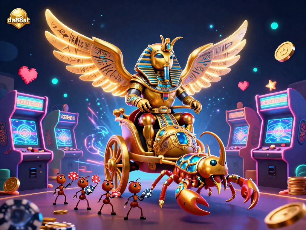 Engage with the vibrant da88at casino scene featuring a golden scarab beetle and neon game elements.